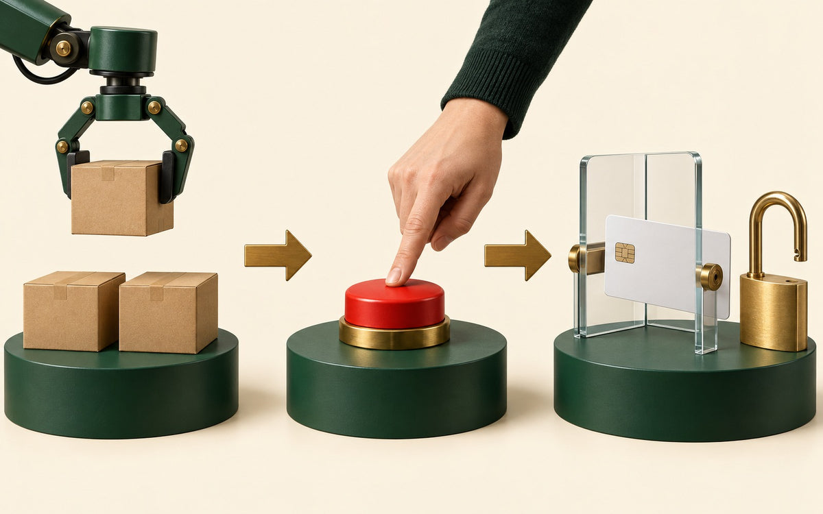 AI gripper selects a parcel, a person approves it, and a payment card passes an unlocked authorization gate