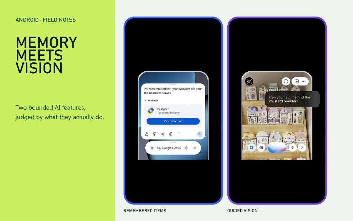 Official Android feature demonstrations for Find Hub remembered items and Guided Vision