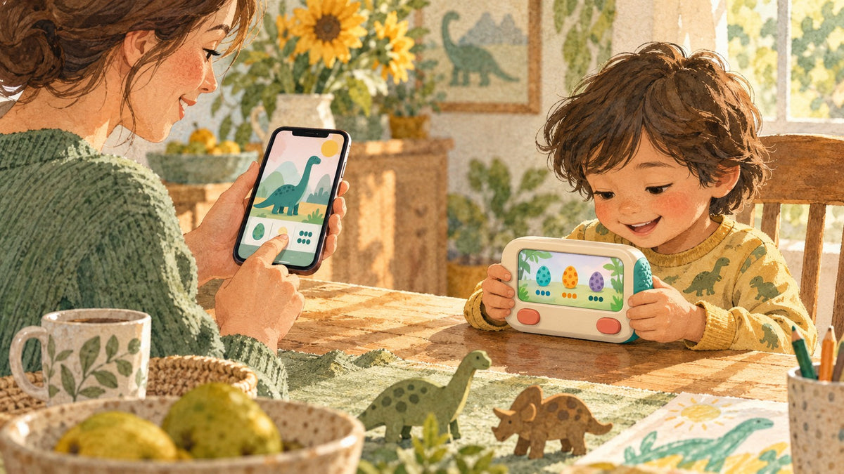 Concept illustration: parent previews a dinosaur learning game while a child uses a separate handheld