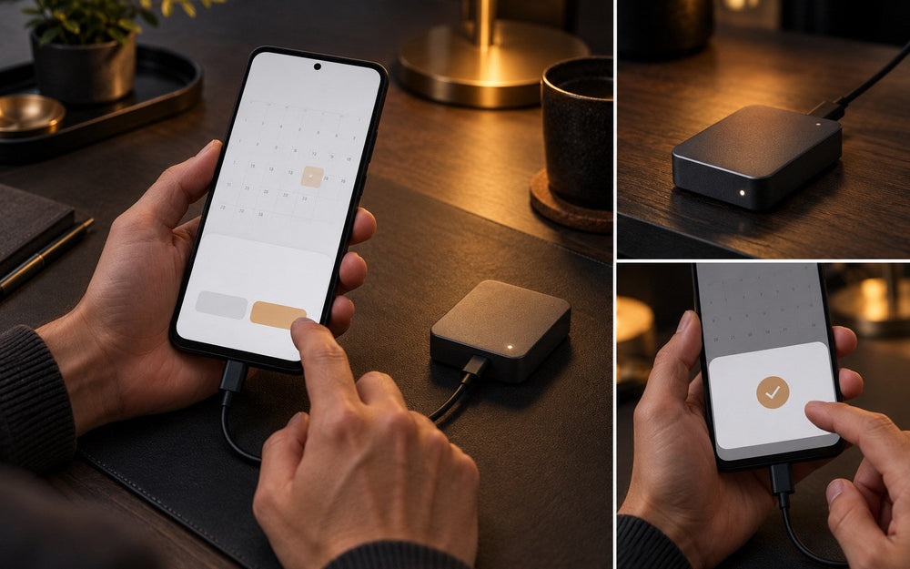 Concept illustration: separate wired AI module beside a smartphone awaiting user confirmation