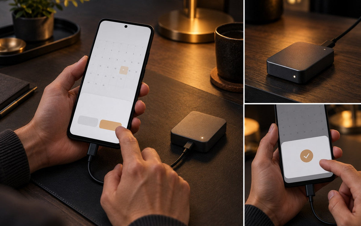 Concept illustration: separate wired AI module beside a smartphone awaiting user confirmation
