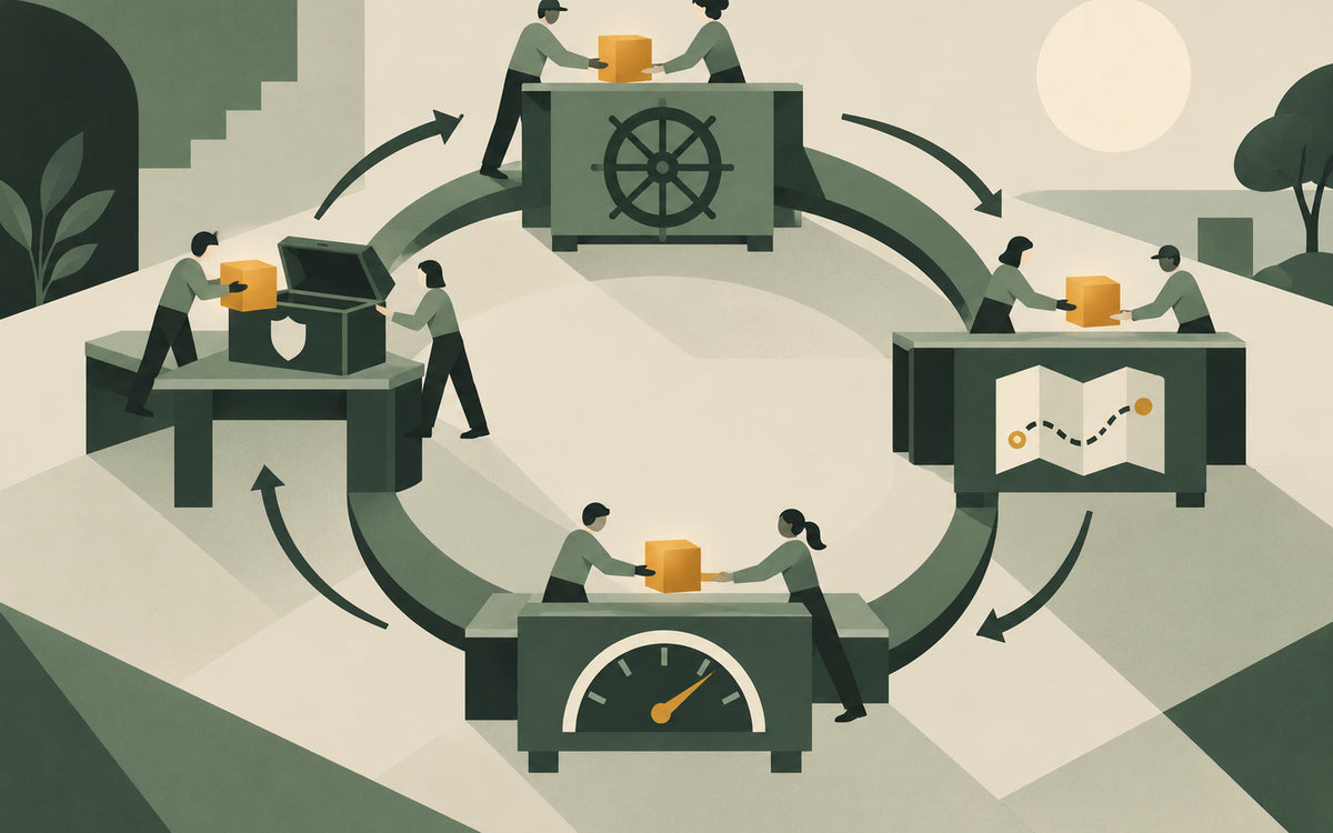 Four-stage risk-management cycle represented as connected worktables