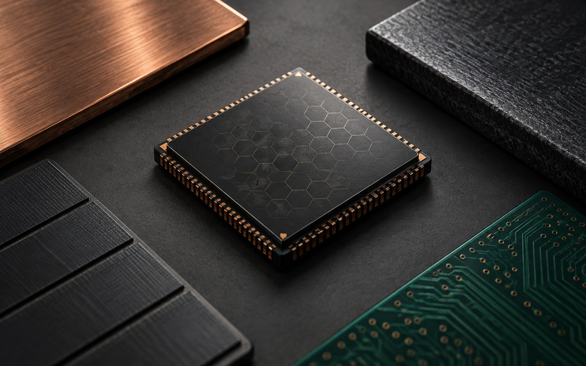 Minimal editorial image of a mobile AI processor framed by memory, power and thermal materials