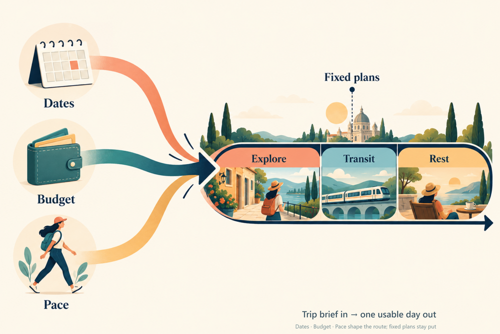 Icons for dates, budget and pace feed an arrow into a day strip split into Explore, Transit and Rest blocks, with a fixed plan pinned above the route.