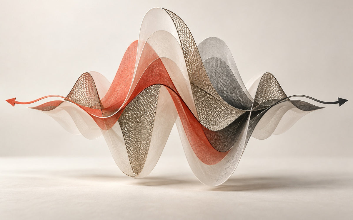 Layered acoustic waveforms moving in two directions to represent full-duplex voice AI