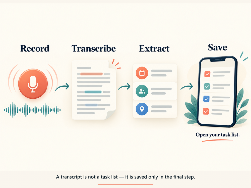Four connected stages show a voice recording becoming a transcript, extracted actions, and a saved checklist, ending with the reminder to open your task list.