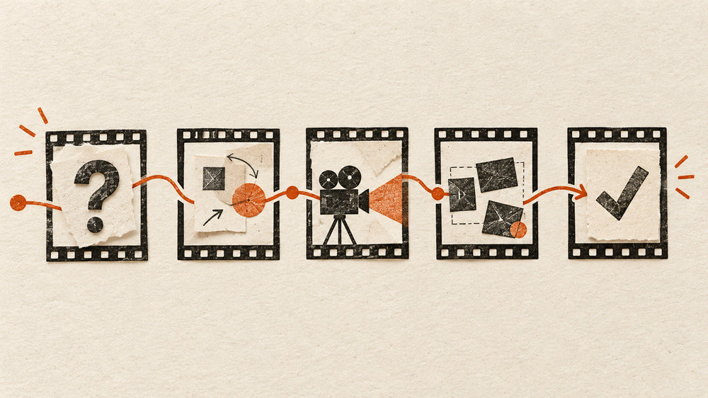 An editorial contact sheet showing a launch-video idea moving toward a verified result